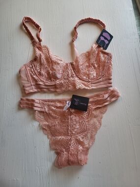 Lace Balconette Bra & Bikini Set - Blush Pink